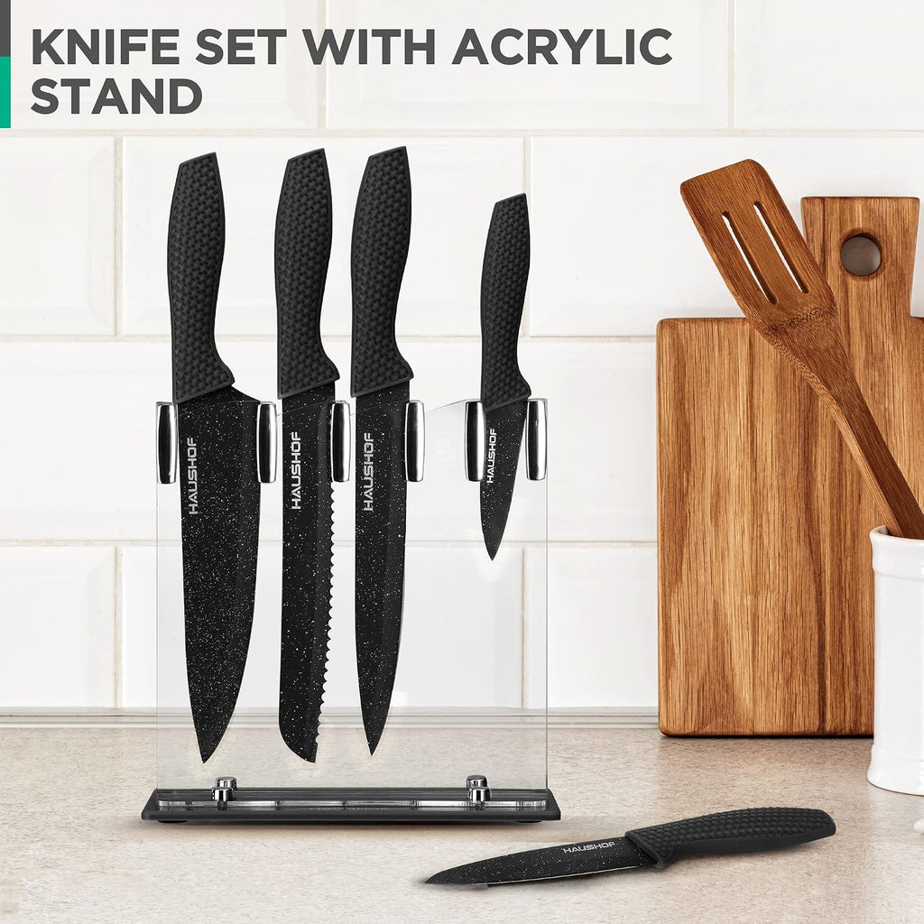Kitchen Knife Set, 5 PCS Knife Sets with Arcylic Block, Teflon Coated Black Knives Set for Kitchen, Premium Stainless Steel Knives Set with Ergonomic Handle, Great for Slicing, Dicing&Cutting