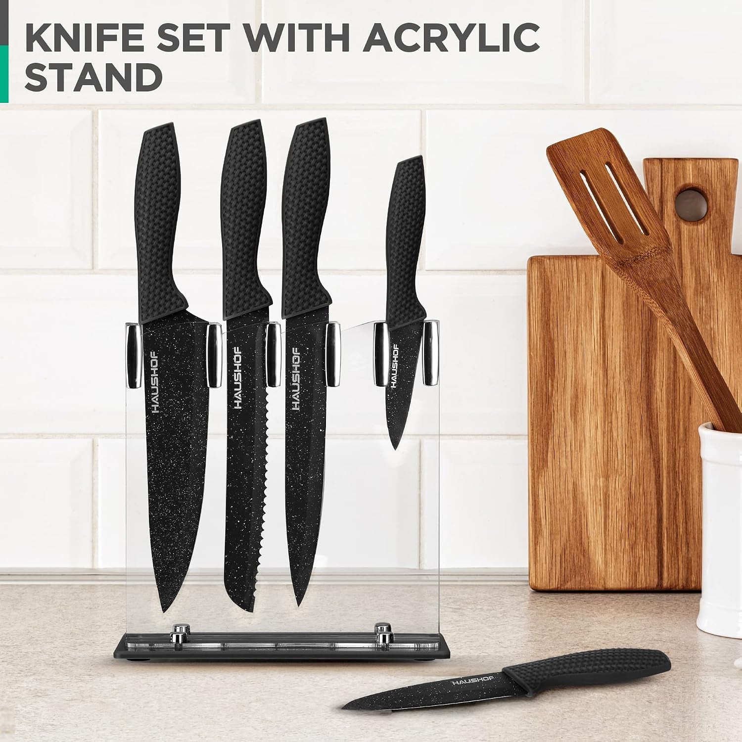 Kitchen Knife Set, 5 PCS Knife Sets with Arcylic Block, Teflon Coated Black Knives Set for Kitchen, Premium Stainless Steel Knives Set with Ergonomic Handle, Great for Slicing, Dicing&Cutting