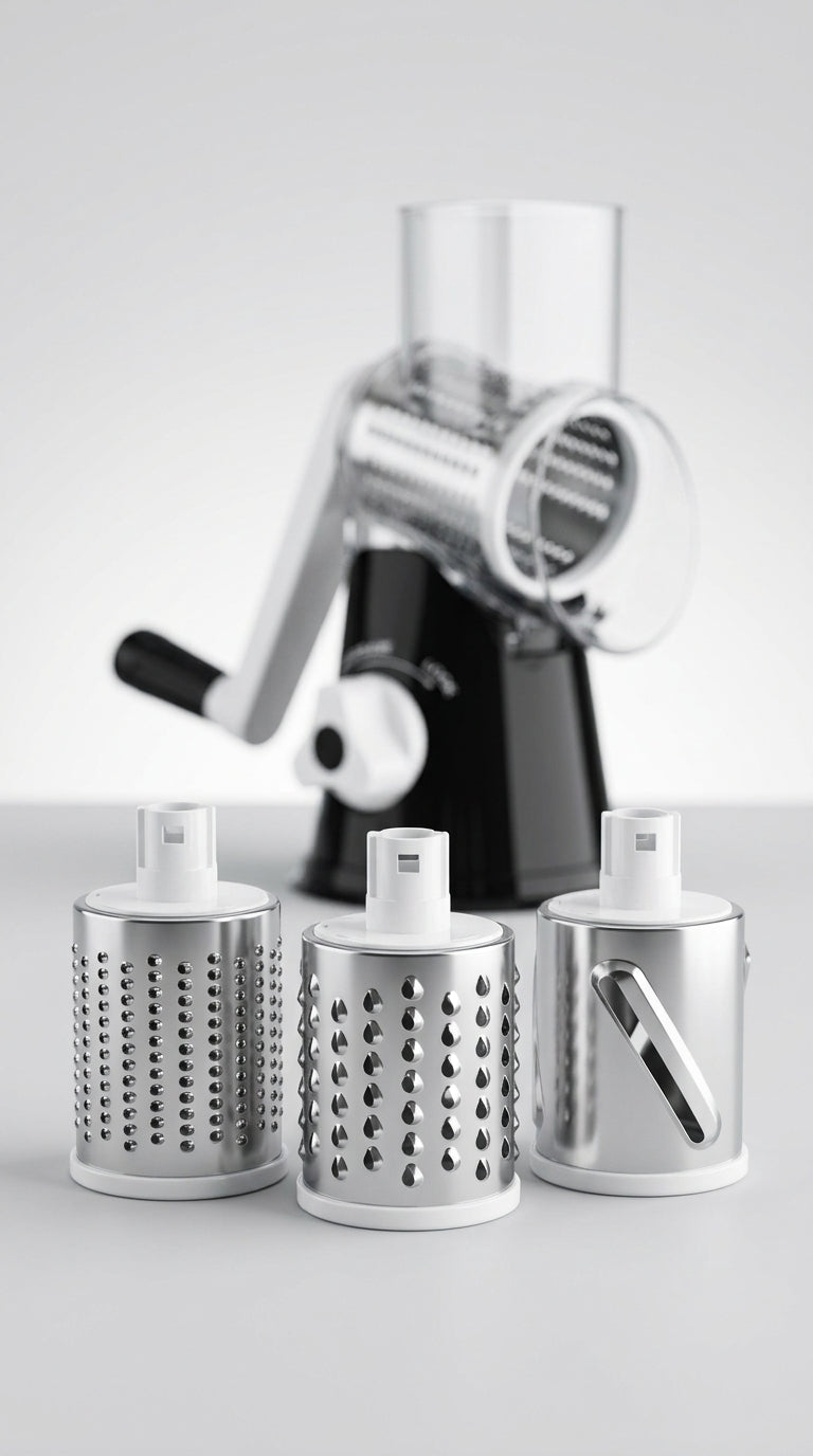 Rotary drum cheese grater with suction base studio shot
