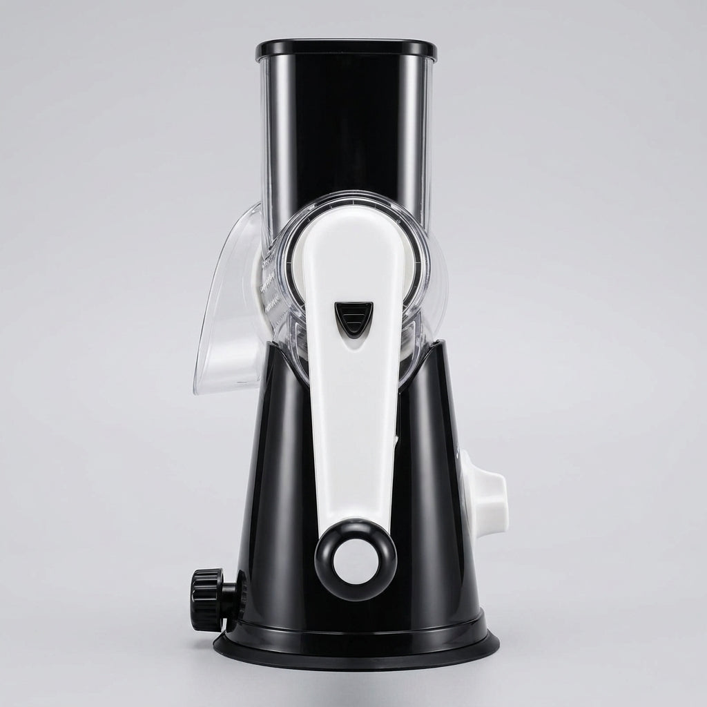 Rotary cheese grater product view with white crank handle