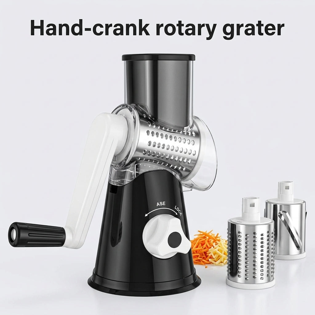 Hand-crank rotary grater for cheese, chocolate and nuts