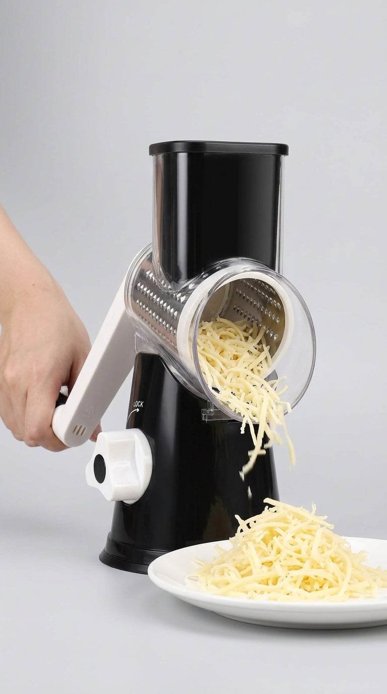 Rotary grater shreds cheese, chocolate and nuts
