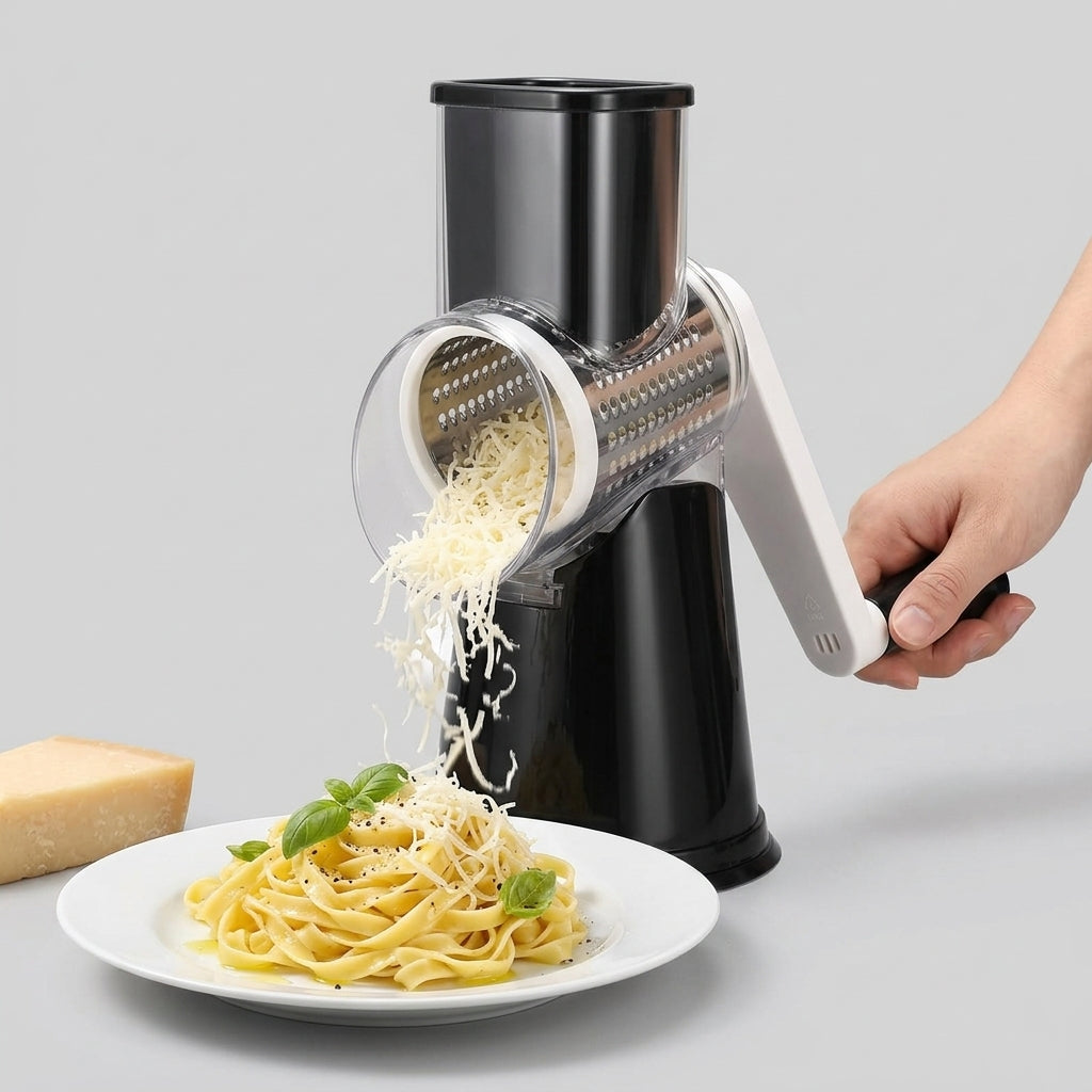 Rotary cheese grater shredding fresh cheese onto a plate