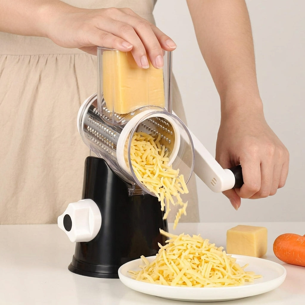 Hand turning the crank of the rotary drum cheese grater