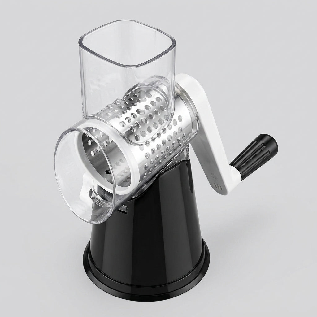 Black rotary hand-crank cheese grater with stainless steel drum