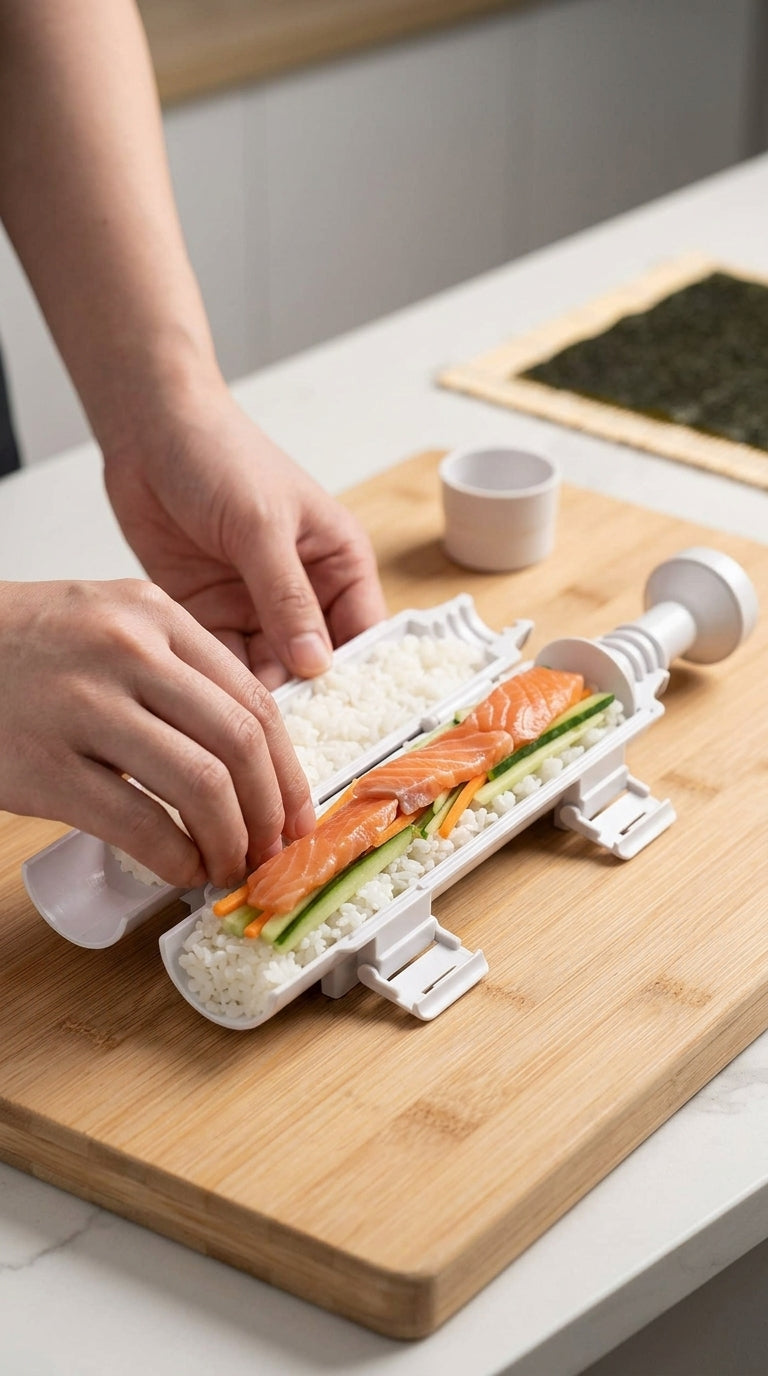 Filling the sushi bazooka tube with rice and fresh ingredients