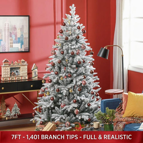 Flocked tree in living room with 1401 branch tips