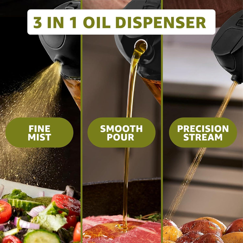 Rociador y Dispensador de Aceite de Oliva 16oz 2 en 1 — Vidrio, Spray y Chorro, con Medidas