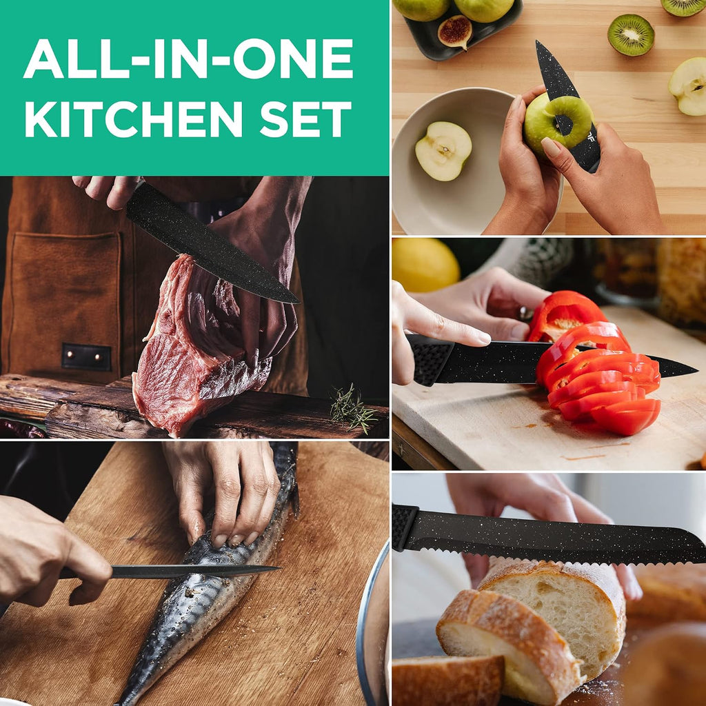 Kitchen Knife Set, 5 PCS Knife Sets with Arcylic Block, Teflon Coated Black Knives Set for Kitchen, Premium Stainless Steel Knives Set with Ergonomic Handle, Great for Slicing, Dicing&Cutting