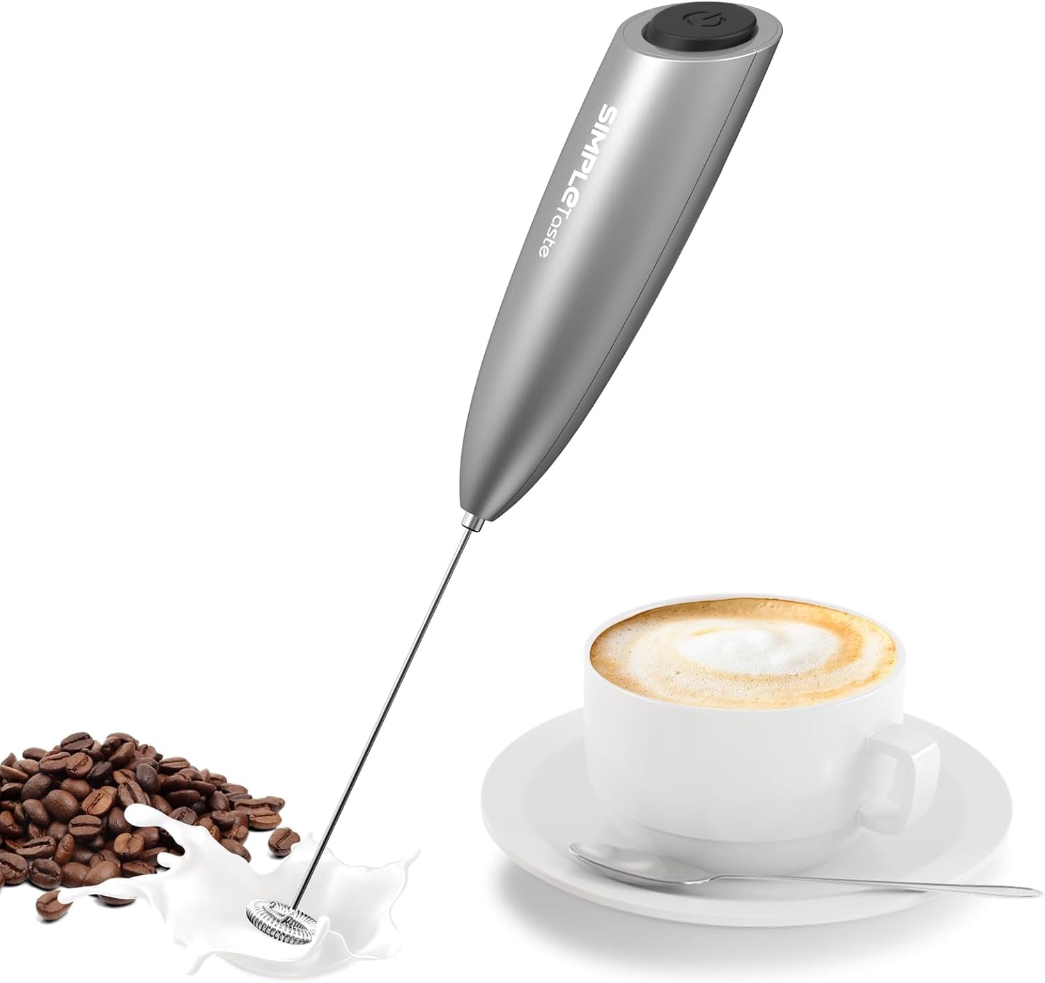 Milk Frother Handheld Electric Foam Maker, Drink Mixer with Stainless Steel Whisk for Cappuccino, Bulletproof Coffee, Latte, Gray, with Stand, Battery Operated
