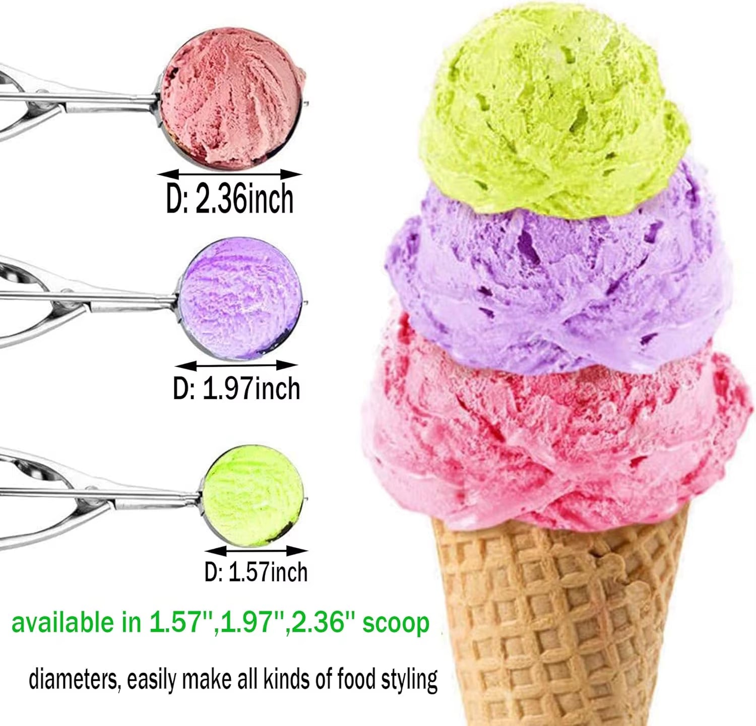 Three cookie scoop sizes — small, medium, large for cookies, cupcakes, meatballs