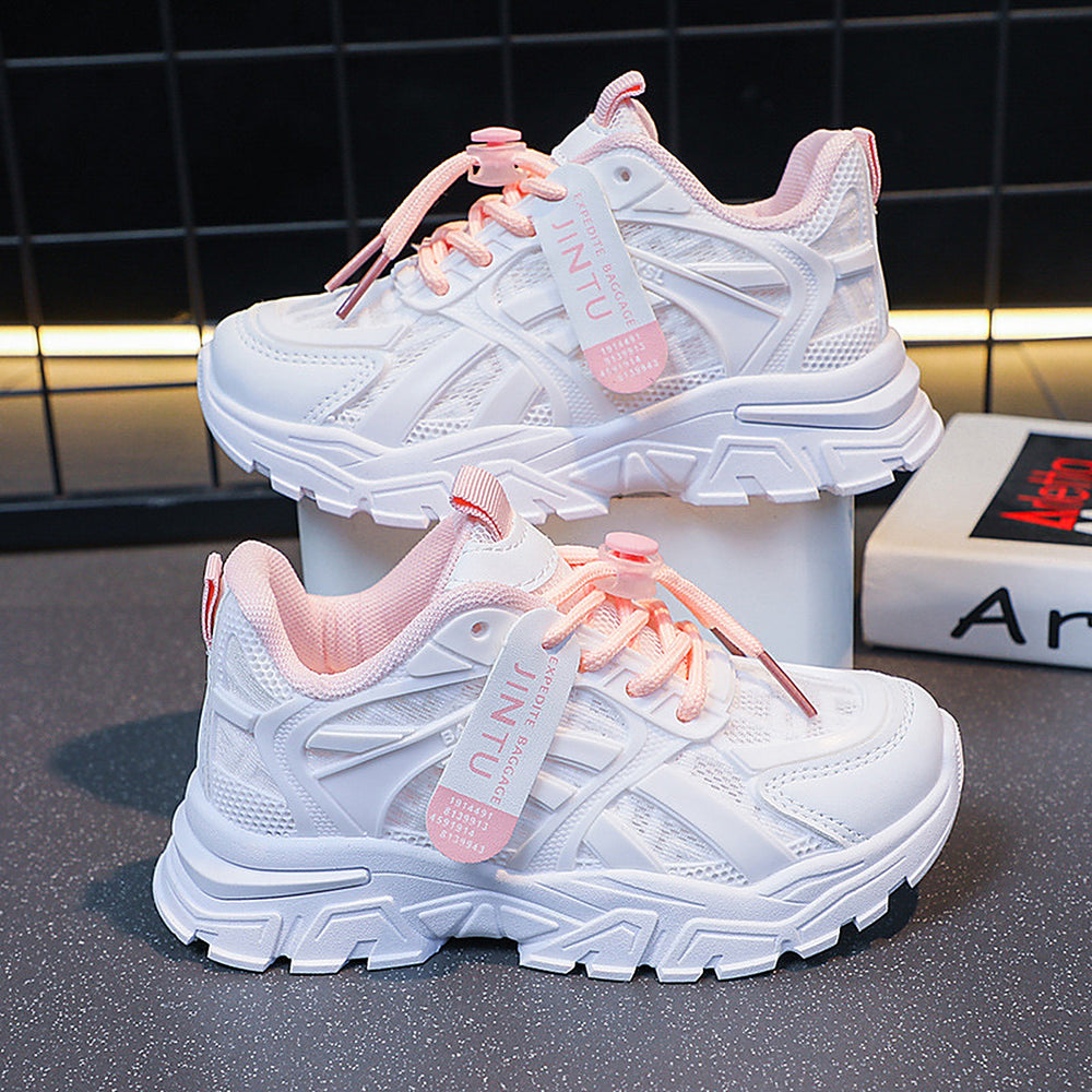 Kids white sneakers styled product photo, both colorways