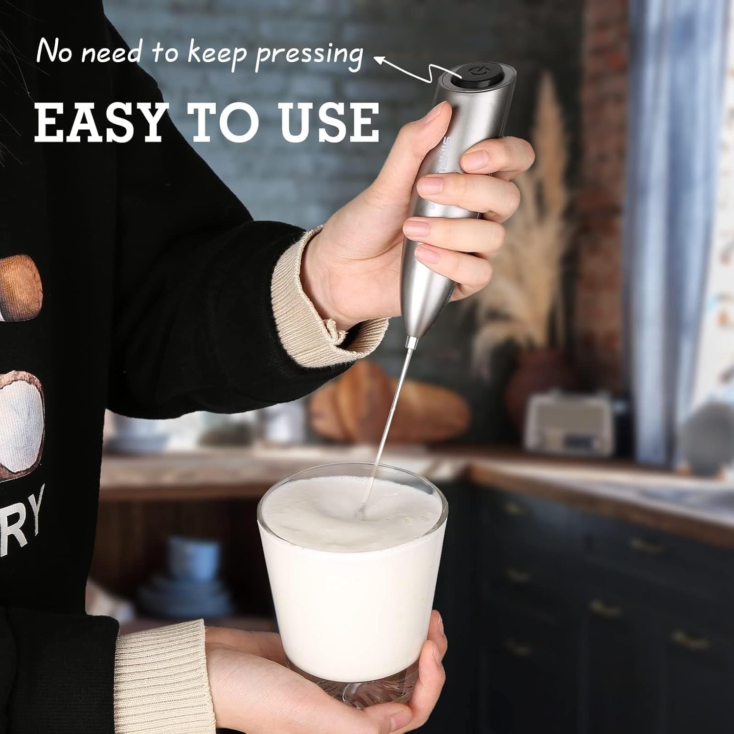 Milk Frother Handheld Electric Foam Maker, Drink Mixer with Stainless Steel Whisk for Cappuccino, Bulletproof Coffee, Latte, Gray, with Stand, Battery Operated