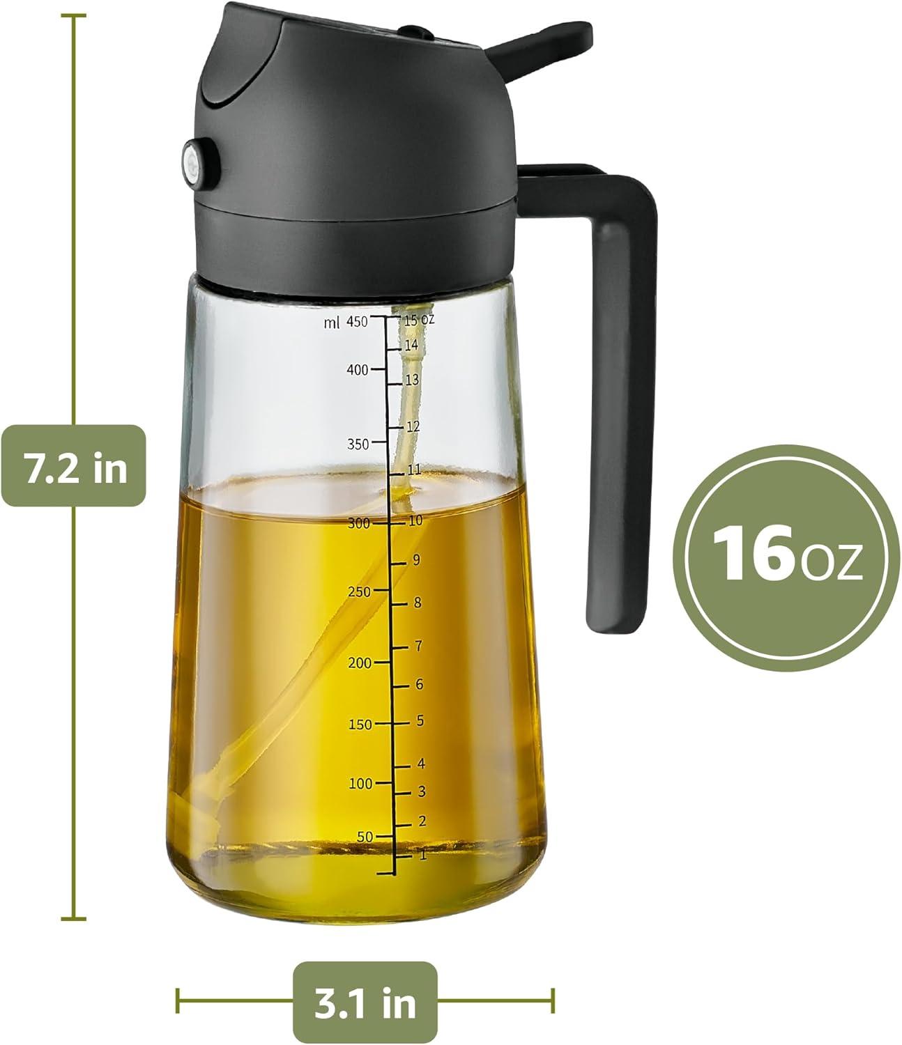 Rociador y Dispensador de Aceite de Oliva 16oz 2 en 1 — Vidrio, Spray y Chorro, con Medidas