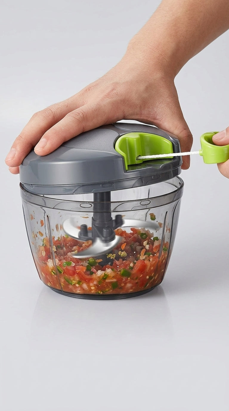 Hand adding chopped vegetables into the manual pull-string food chopper bowl