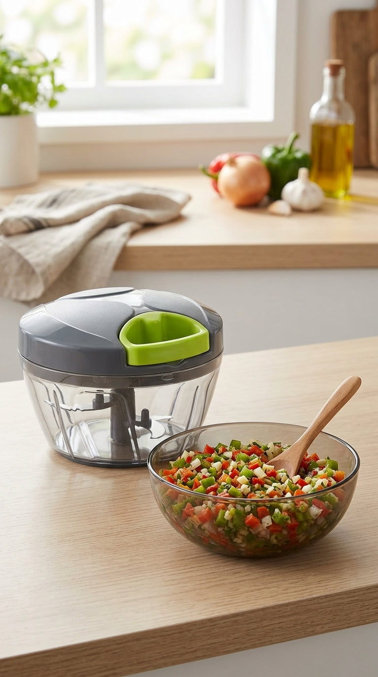 No electricity needed - manual hand pull food chopper benefit ad