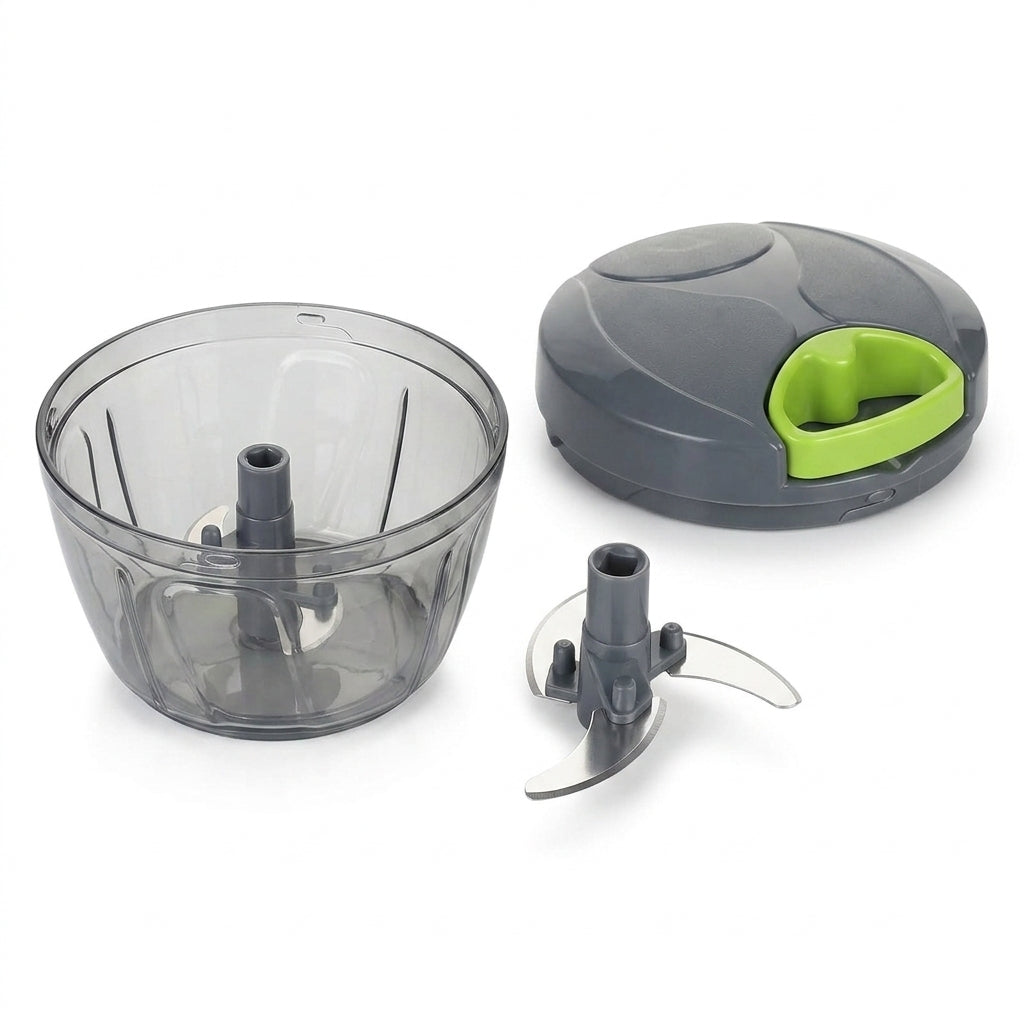 Manual hand pull food chopper with stainless steel blades, studio shot