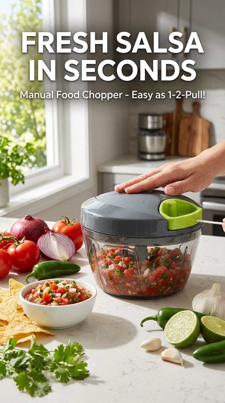 Pull-string food chopper, clear bowl with green handle, side view