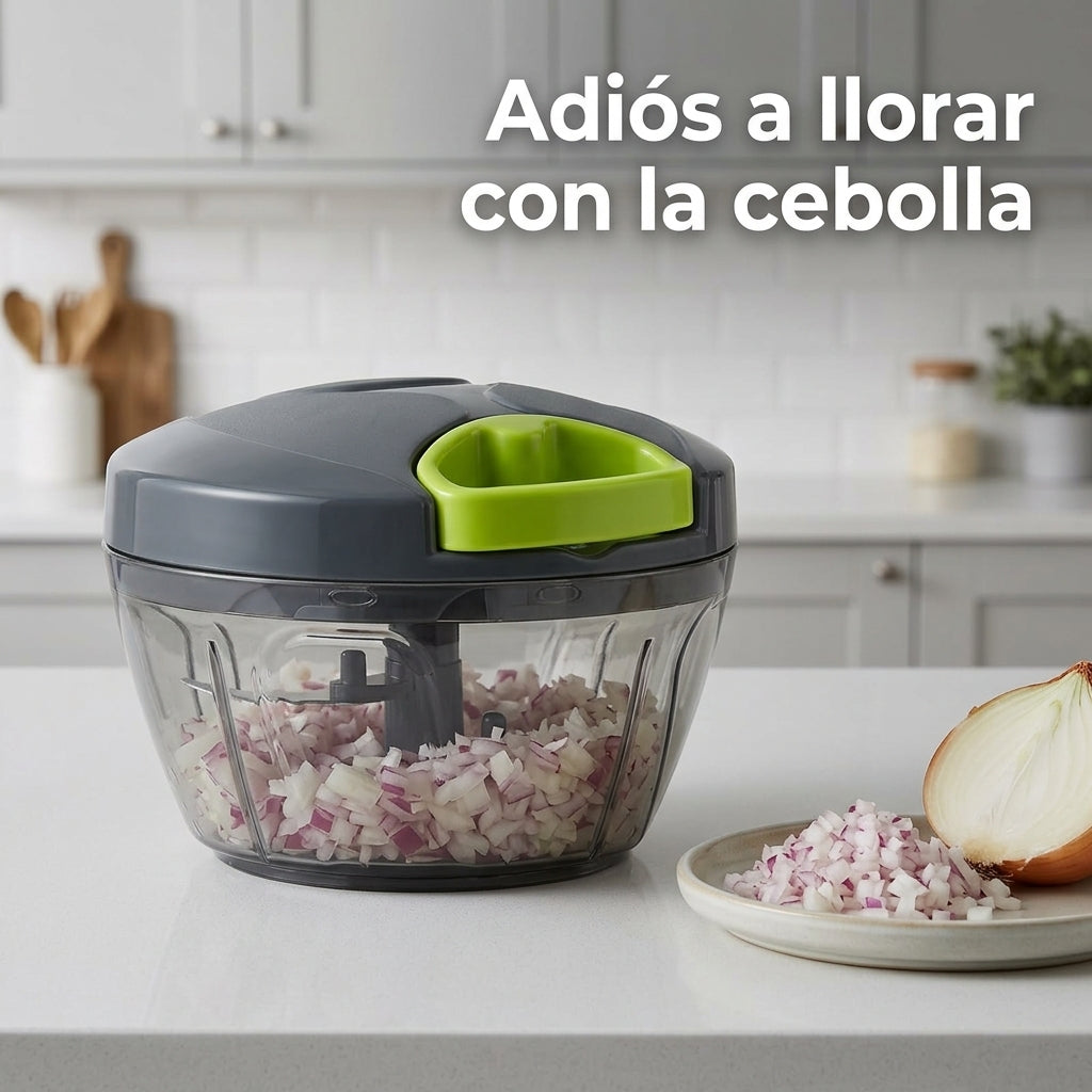 Manual food chopper studio shot showing bowl, blades and pull cord