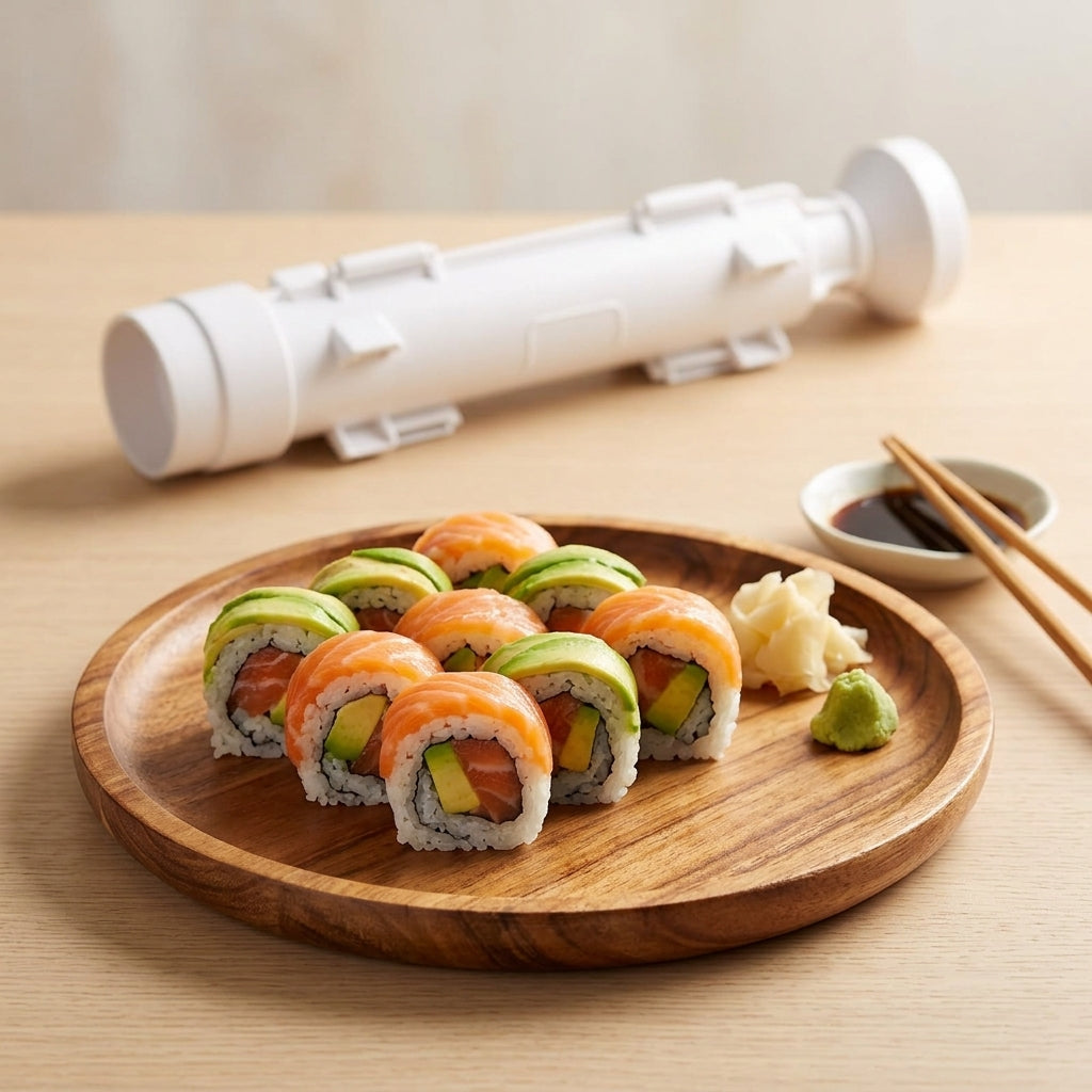 Finished homemade sushi rolls served on a plate next to the mold