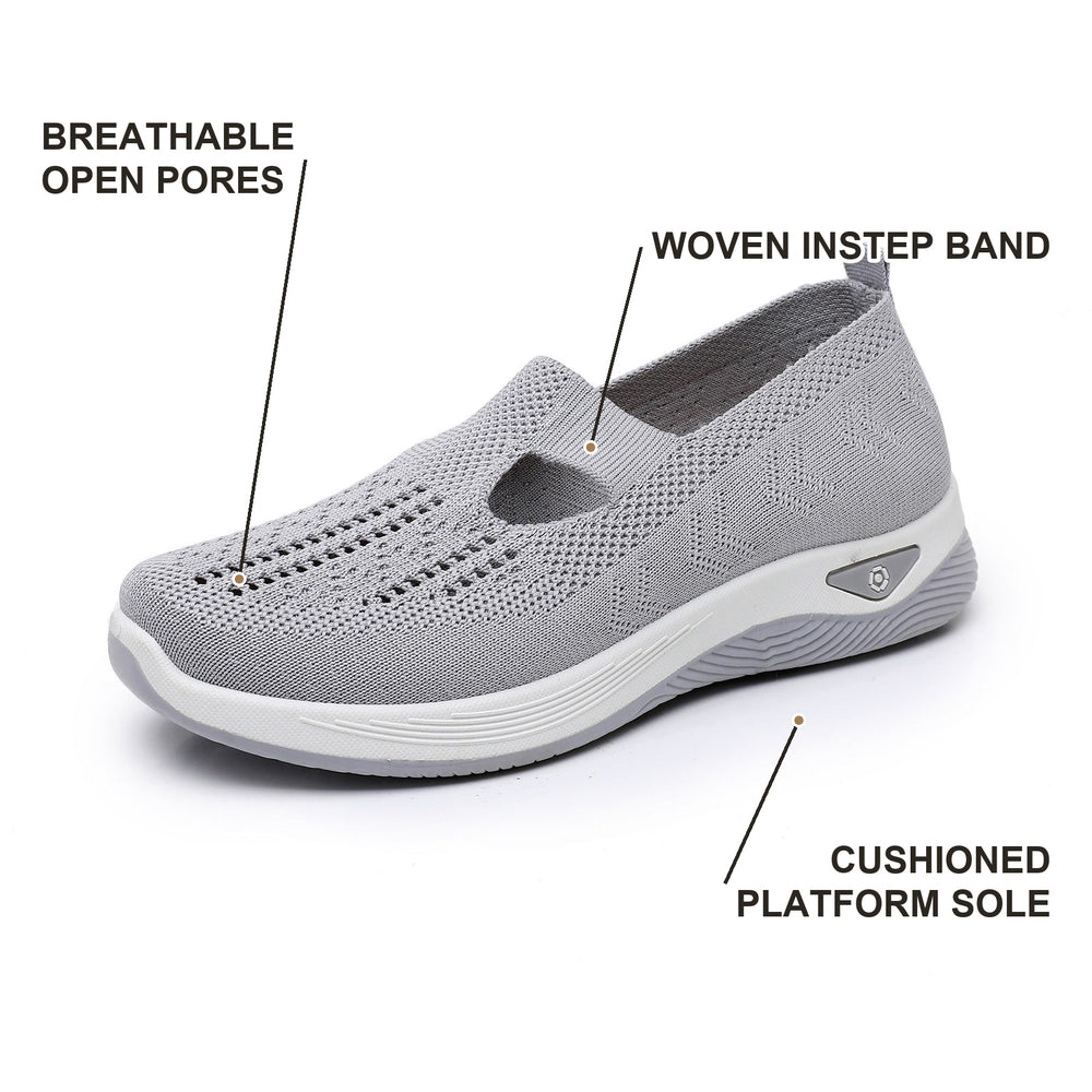 Infographic of the mesh slip-on flat showing breathable open pores, woven instep band and cushioned platform sole