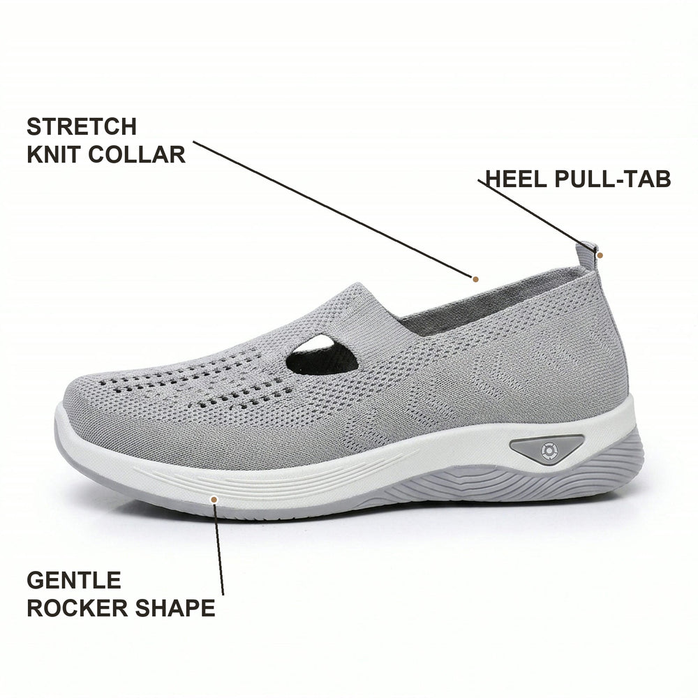 Side profile infographic showing the stretch knit collar, heel pull-tab and gentle rocker shape