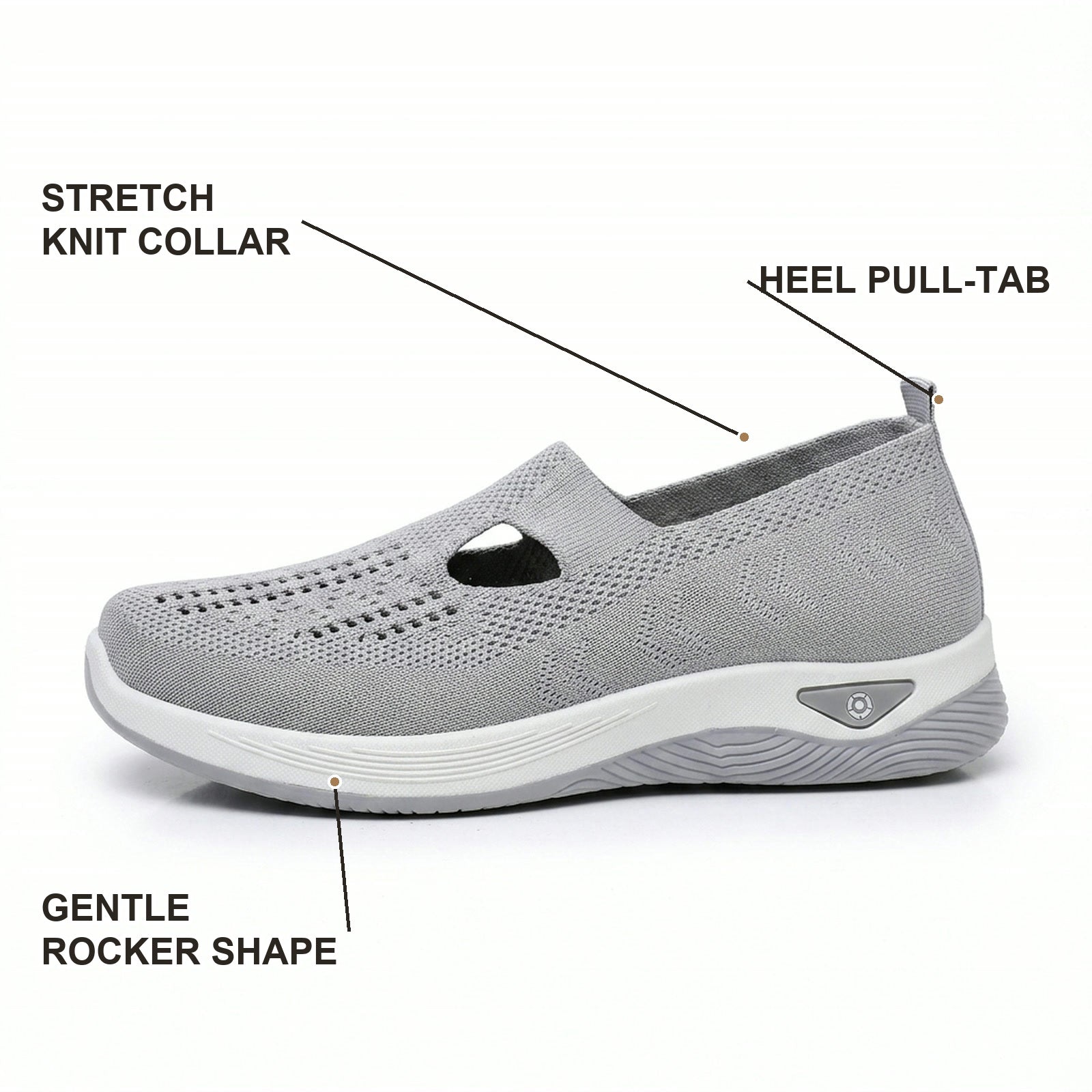 Side profile infographic showing the stretch knit collar, heel pull-tab and gentle rocker shape