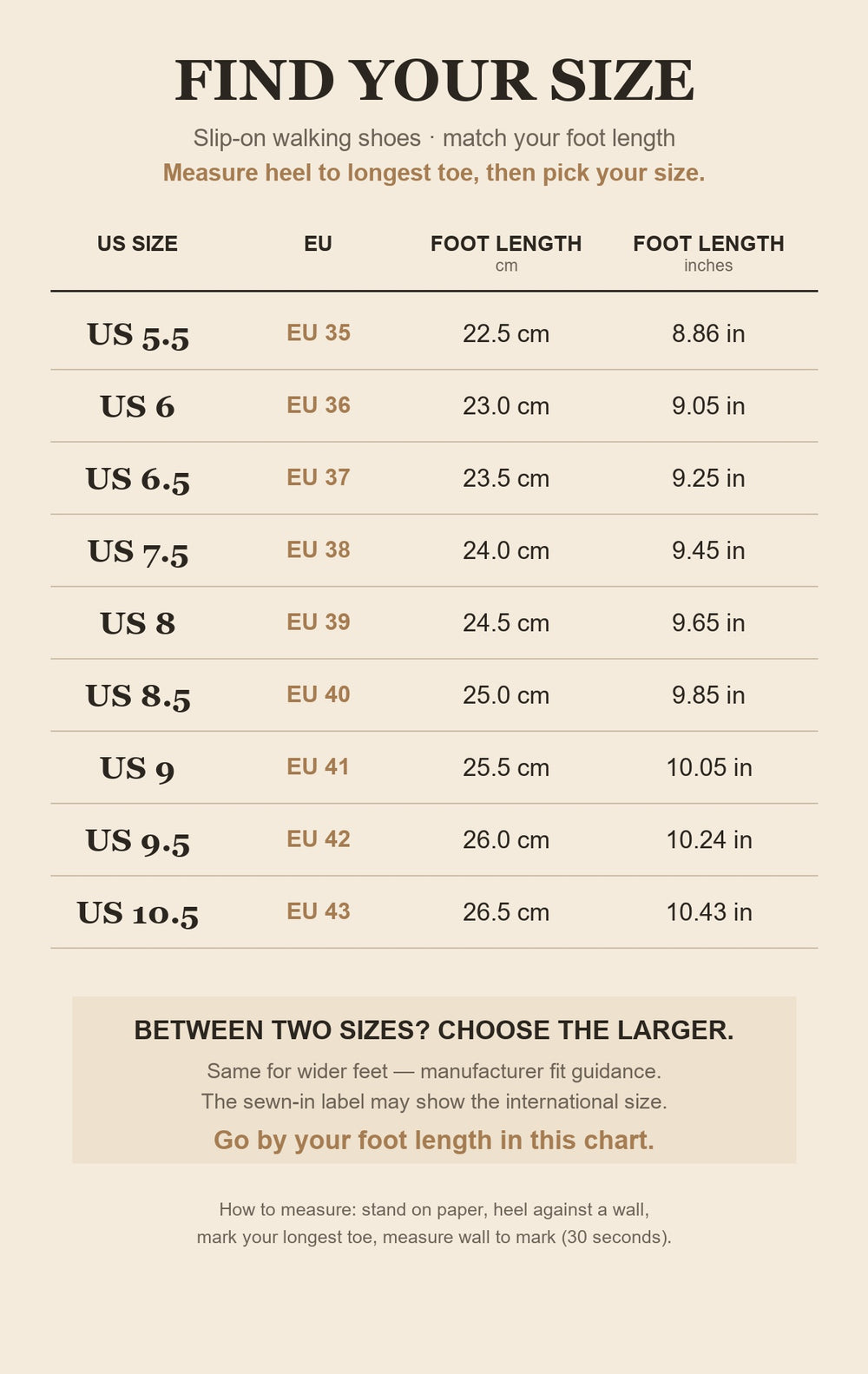 Size chart for the mesh slip-on walking shoes - US 5.5 to 10.5 with EU sizes and foot length in cm and inches