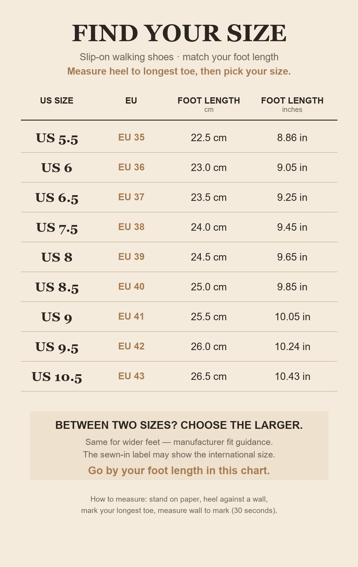 Size chart for the mesh slip-on walking shoes - US 5.5 to 10.5 with EU sizes and foot length in cm and inches