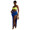 Neon green bandeau top with blue high slit maxi skirt two piece set