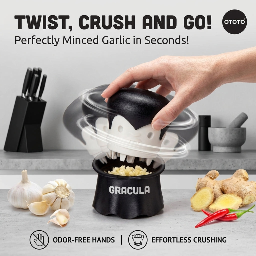 Twist, crush and go - Gracula garlic crusher minces garlic in seconds