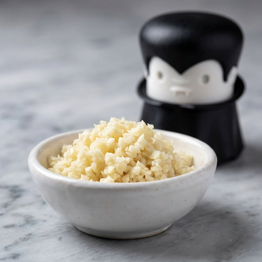 Gracula vampire garlic crusher beside a bowl of minced garlic