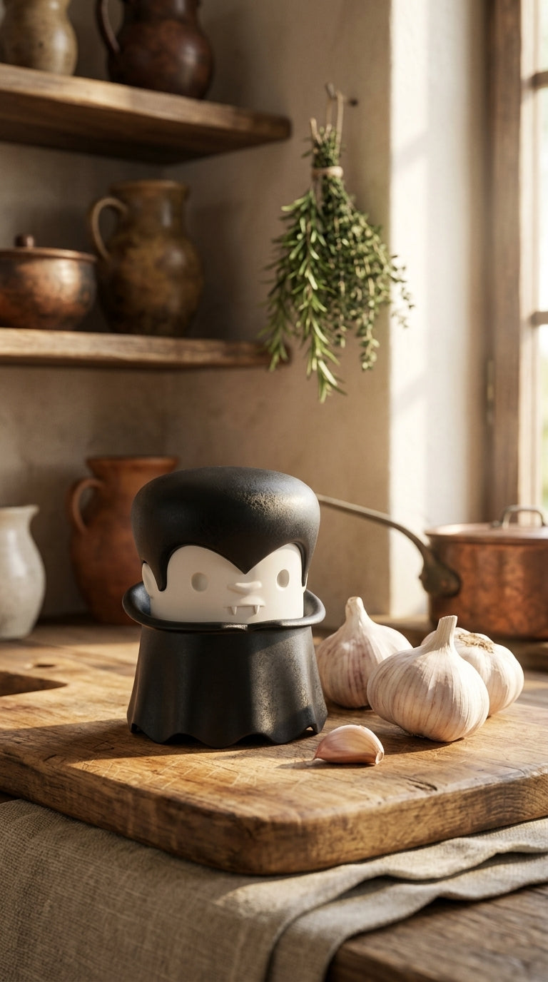Gracula vampire garlic crusher on a kitchen cutting board with garlic