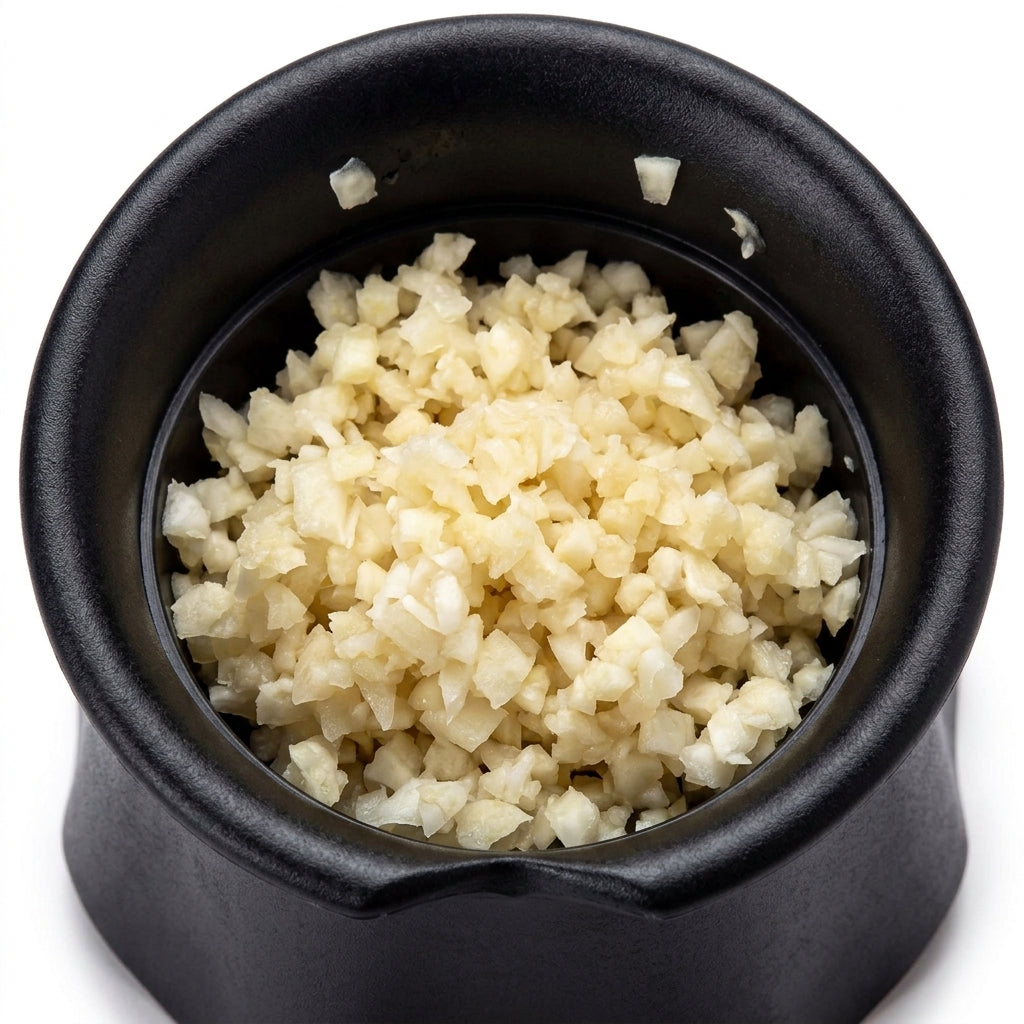 Freshly minced garlic inside the Gracula vampire garlic crusher
