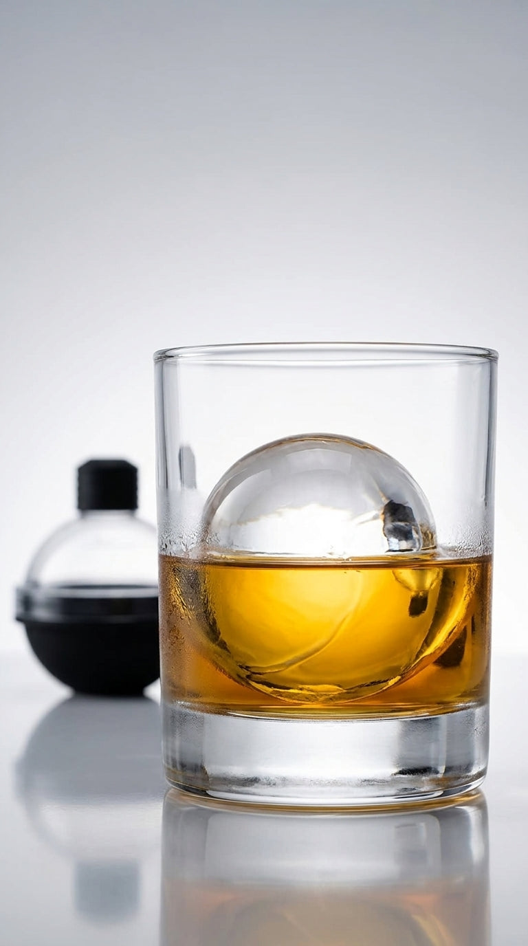 Vaso de whisky con bola de hielo y el molde Sphere Ice al lado