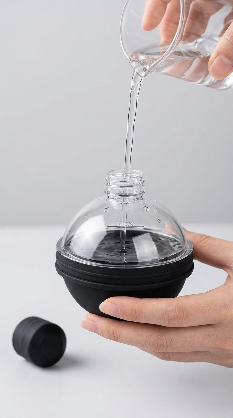 Llenando el molde Sphere Ice con agua por el tapon superior