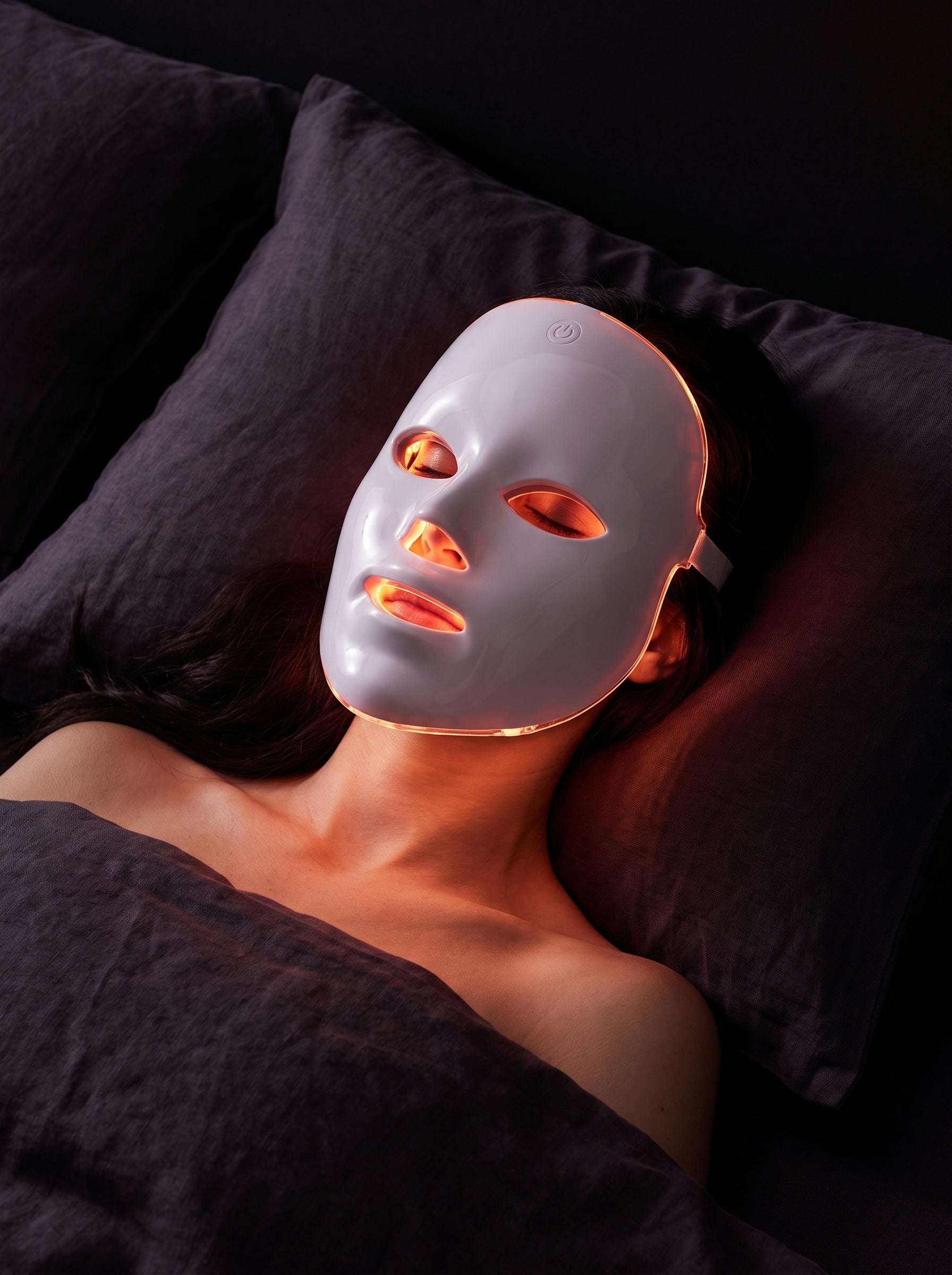 Mujer usando la mascara LED GLOW encendida en rojo