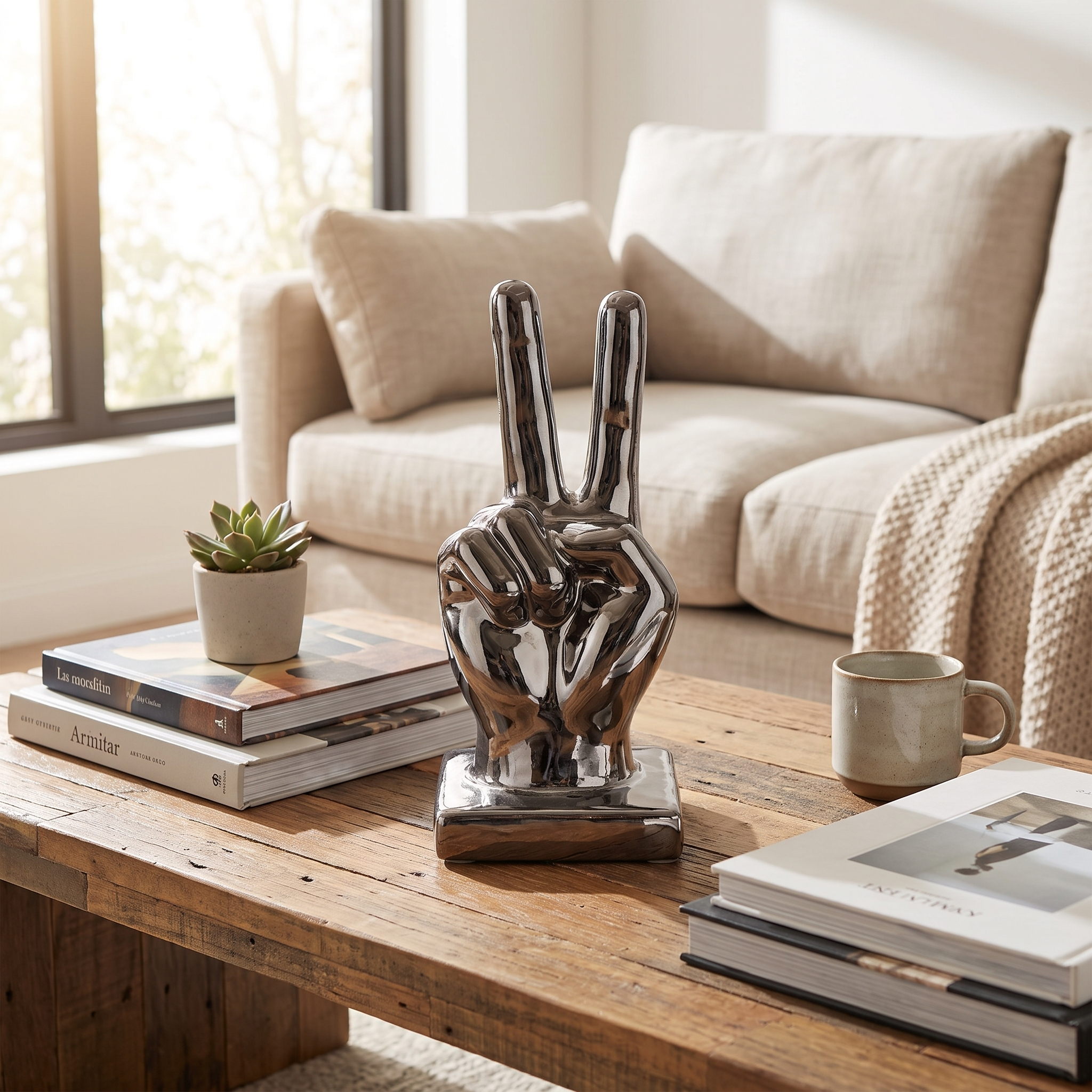 Escultura Mano Paz Cerámica Cromada Negra - Decoración Moderna