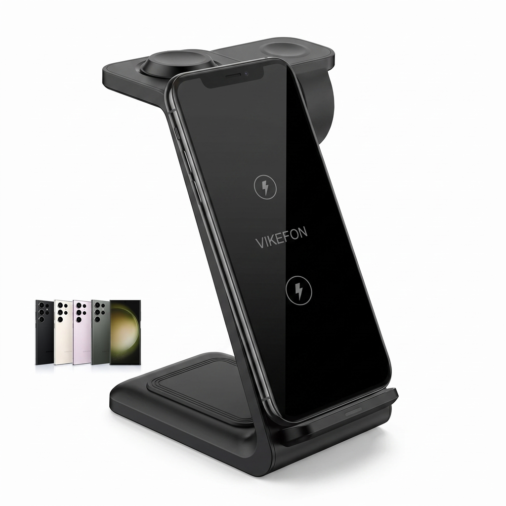 VIKEFON 3 in 1 Wireless Charger Stand for iPhone 16 15 14 13 12 Samsung Galaxy Apple Watch Airpods Pro Fast Charging Station