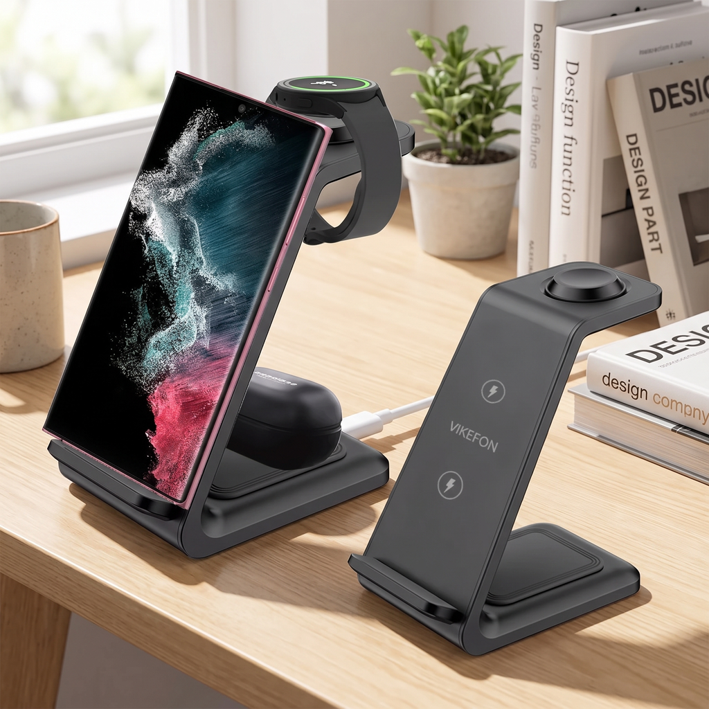 VIKEFON 3 in 1 Wireless Charger Stand for iPhone 16 15 14 13 12 Samsung Galaxy Apple Watch Airpods Pro Fast Charging Station
