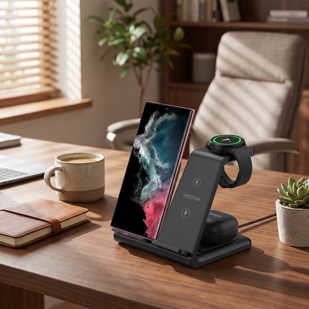 VIKEFON 3 in 1 Wireless Charger Stand for iPhone 16 15 14 13 12 Samsung Galaxy Apple Watch Airpods Pro Fast Charging Station