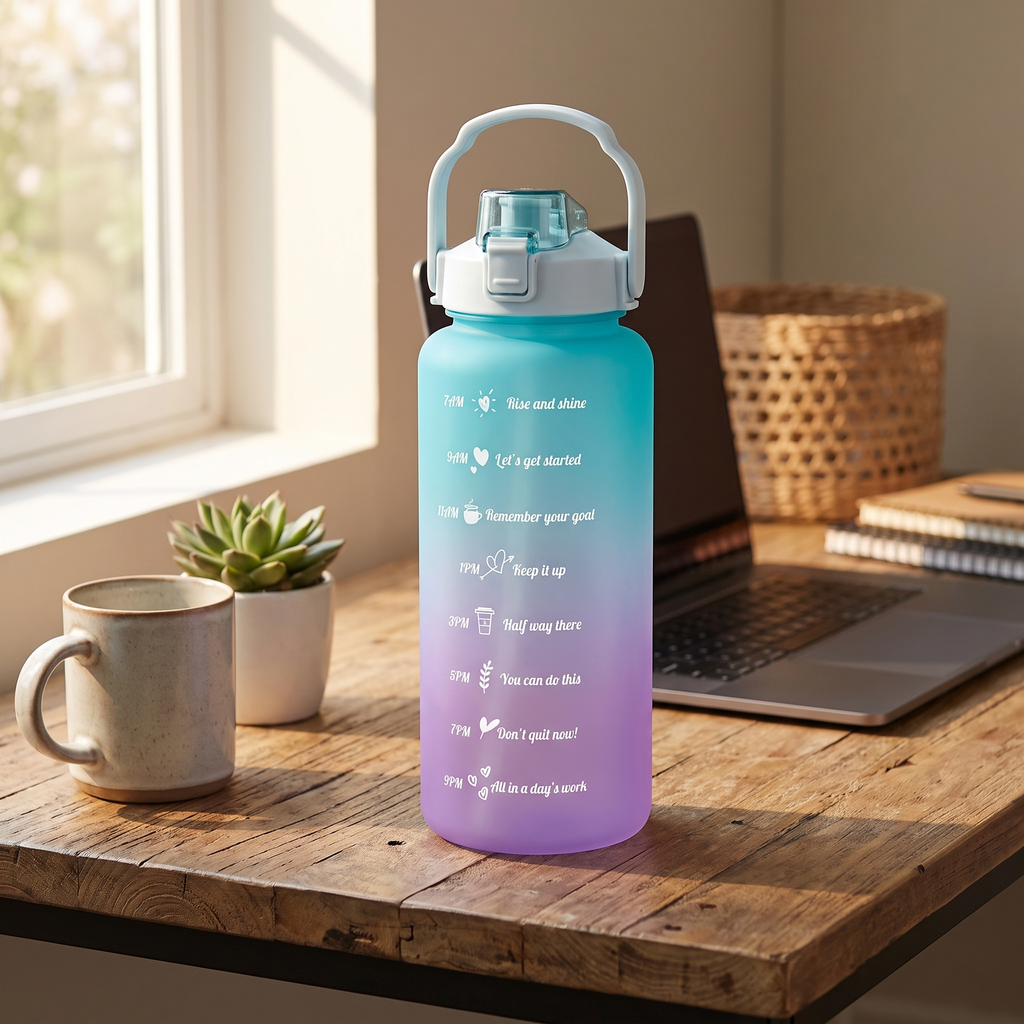 Botella de Agua Motivacional 2L con Marcador de Horas y Pajita | Motivational Water Bottle Time Marker Straw