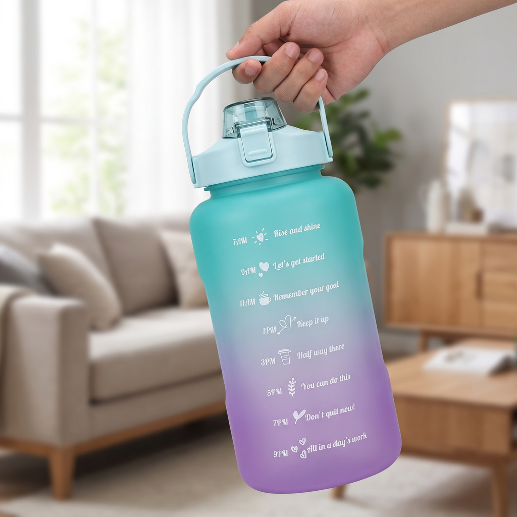 Botella de Agua Motivacional 2L con Marcador de Horas y Pajita | Motivational Water Bottle Time Marker Straw