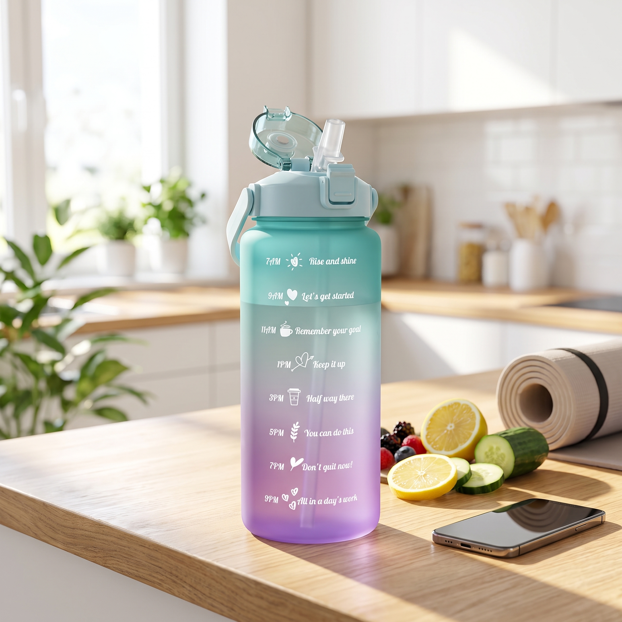 Botella de Agua Motivacional 2L con Marcador de Horas y Pajita | Motivational Water Bottle Time Marker Straw