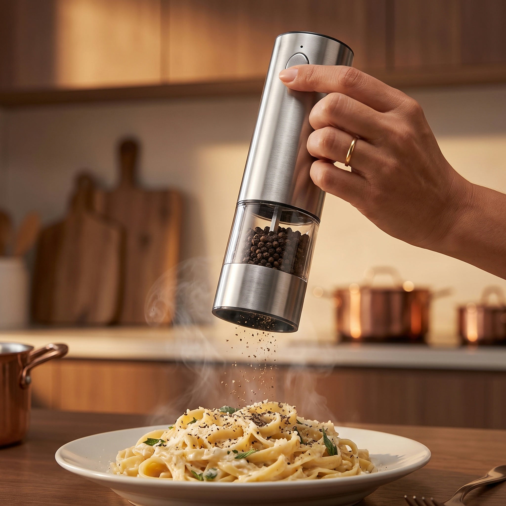 Moliendo pimienta fresca sobre pasta