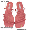 Callouts: soft PU straps, faux-leather footbed, square open toe
