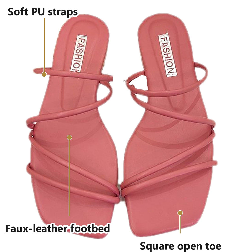 Callouts: soft PU straps, faux-leather footbed, square open toe