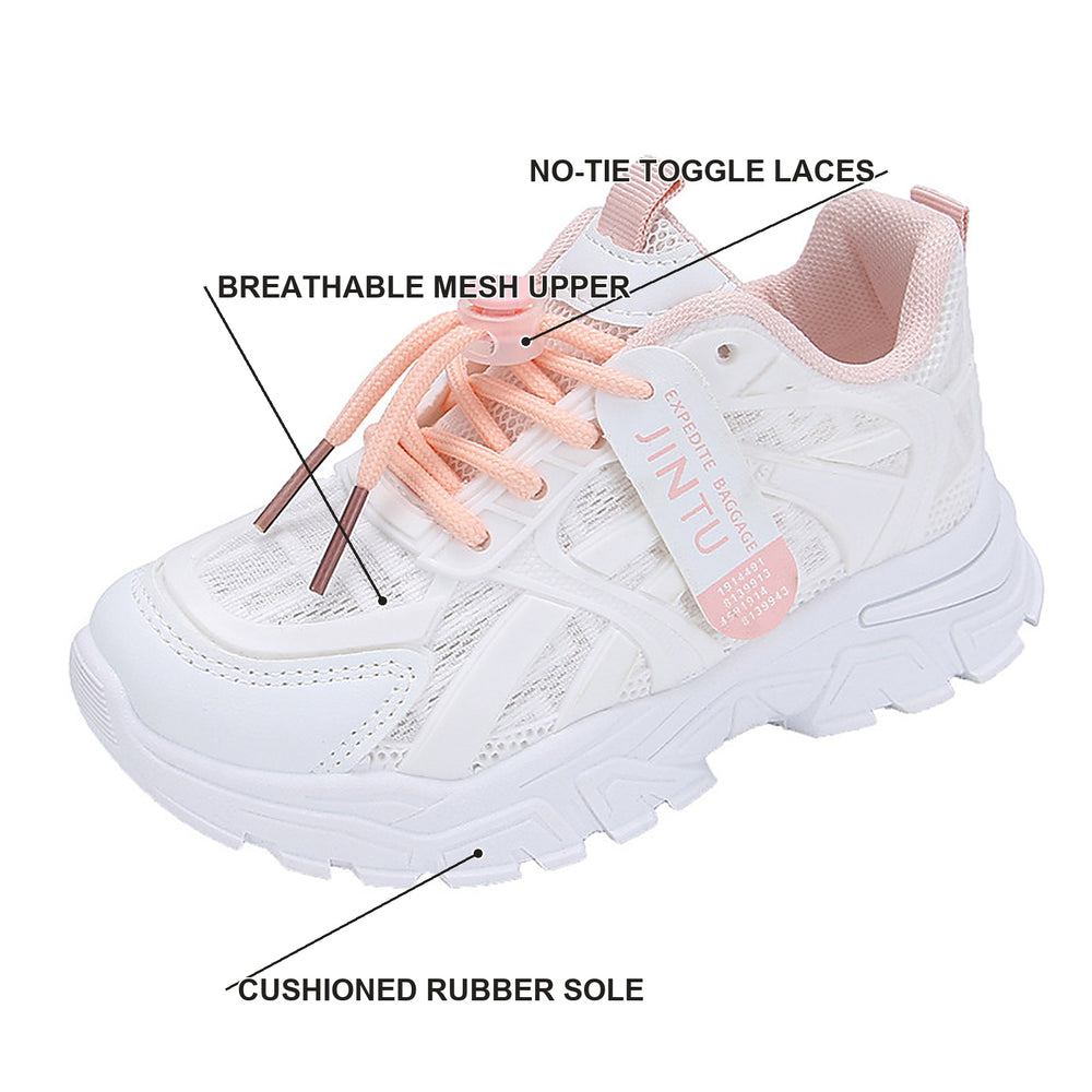 Feature callouts: no-tie toggle laces, breathable mesh upper, cushioned rubber sole