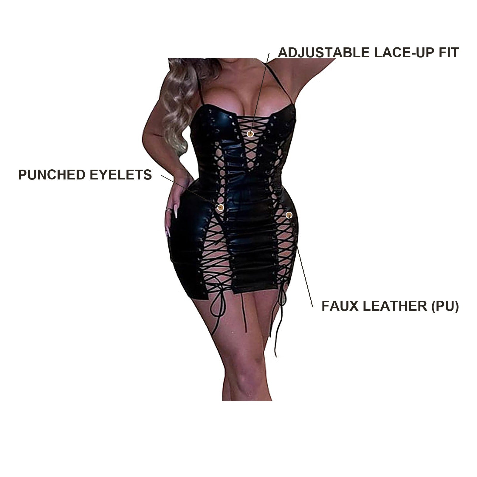 Infographic: adjustable lace-up fit, punched eyelets, faux leather PU