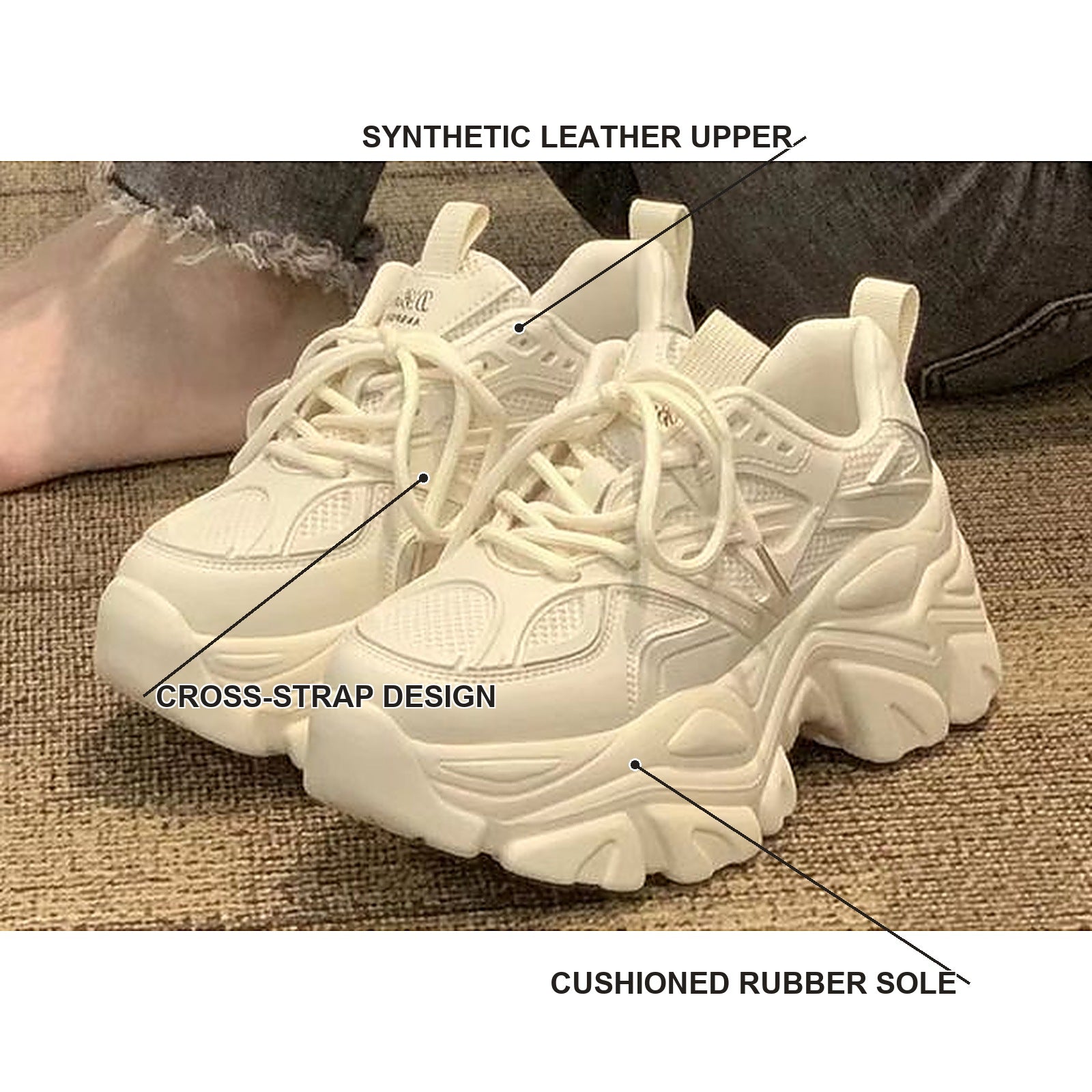 Feature callouts: synthetic leather upper, cross-strap design, cushioned rubber sole